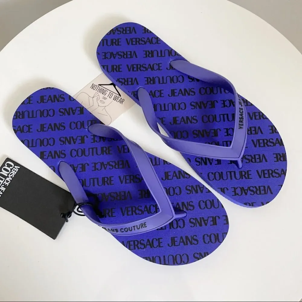⭕️ VERSACE JEANS Flip Flops Slides Slippers Logo Men’s Blue Black 10 43
